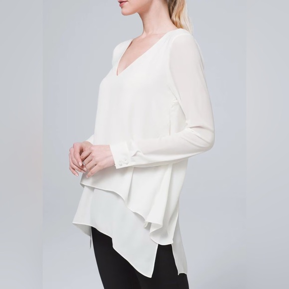 White House Black Market Ivory Long Sleeve Sheer V-Neck Tunic Size- S - Picture 4 of 15